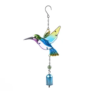 Colorful metal hummingbird wind chime with stained glass details for home garden hanging decor.