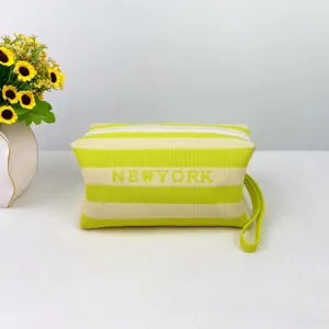 Pochette de maquillage en tricot rayé jaune sac à main de voyage décontracté fourre-tout