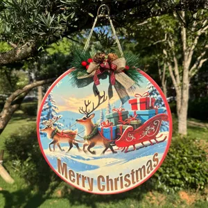 Detailed view of round wooden Christmas hanging sign with reindeer, sleigh and festive decor.