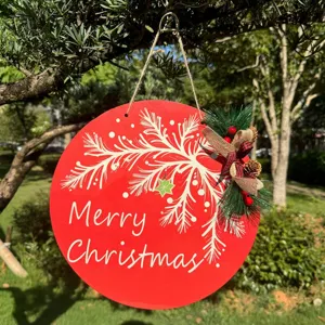 Wooden Christmas hanging sign with pinecones and berries for holiday door decor and party.