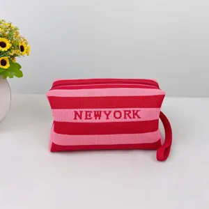 Trousse de toilette en tricot rayée pochette de maquillage organisateur avec sangle