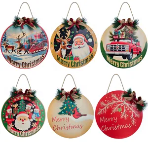 Wooden Christmas round hanging sign holiday decoration with festive patterns and ribbon bow.