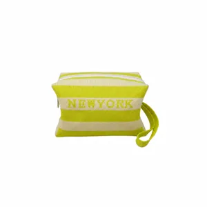 Sac cosmétique tricoté à rayures vert jaune pochette de rangement de voyage portable
