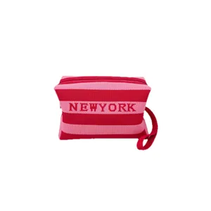 Trousse de maquillage en tricot rayé rouge et rose avec dragonne, sac de plage décontracté.