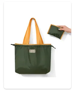 Foldable waterproof shopping bag with drawstring and color block. Large capacity grocery tote.