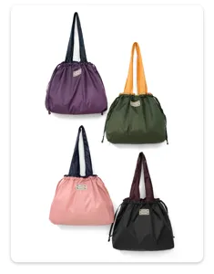 Details of foldable waterproof nylon shopping tote bags with drawstring in multi colors.