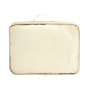 Beige travel packing cube with mesh top and handle, portable luggage organizer bag.