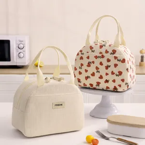 Sac à Déjeuner Isotherme en Velours Côtelé Grande Capacité Portable Boîte à Bento Thermique Sac Cabas avec Joli Imprimé Cœur pour Travail Pique-nique