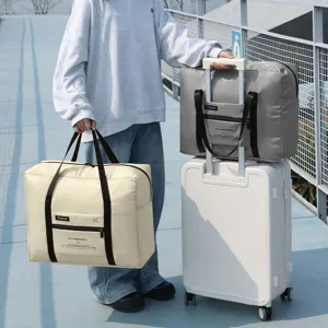 Foldable travel duffel bag with trolley sleeve, portable lightweight weekender bag for women