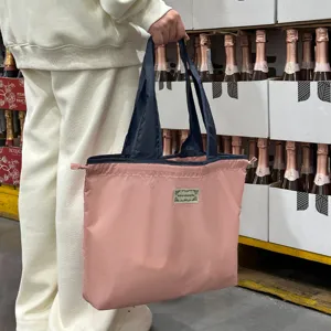 Waterproof foldable shopping tote bag with drawstring, contrast color casual grocery bag.