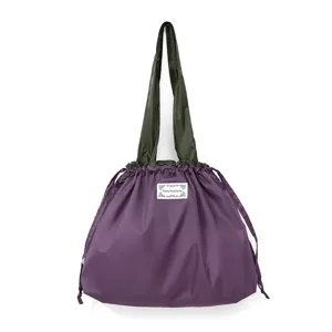 Waterproof folding shopping bag with drawstring, purple and dark green contrast tote bag.