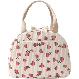 Sac à déjeuner en velours côtelé avec cœur et nœud, fourre-tout bento pour travail et pique-nique.