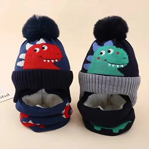 Kids winter warm knitted hat and scarf set with cute dinosaur jacquard and fleece lining.