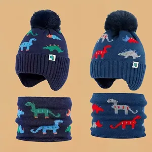 Boys Winter Knit Dinosaur Pattern Hat and Scarf Set Warm Fleece Lined Earflap Cap