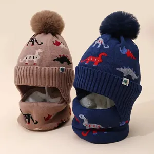 Kids Winter Warm Knit Hat And Scarf Set Cute Dinosaur Jacquard Fleece Lined Beanie With Pom Pom For Boys Children