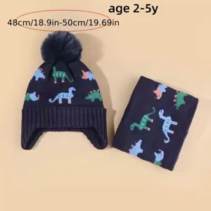 Kids winter warm dinosaur knit hat and scarf set with cute pom-pom for boys aged 2 to 5 years old