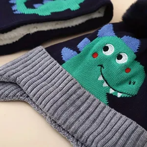 Kids winter fleece lined knitted hat cute cartoon dinosaur pattern warm wool beanie cap