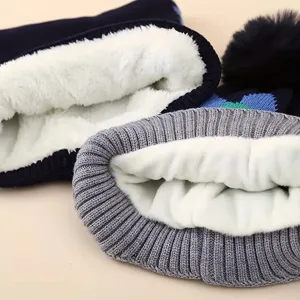 Kids winter warm fleece lined knitted hat set with plush pom pom thick cozy thermal cap