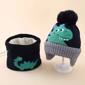 Kids winter dinosaur knit beanie and neck warmer set thick plush lined warm detail view