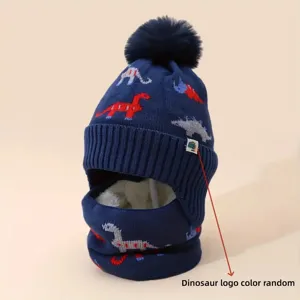 Kids winter fleece lined dinosaur knitted hat and neck warmer set with pom pom blue