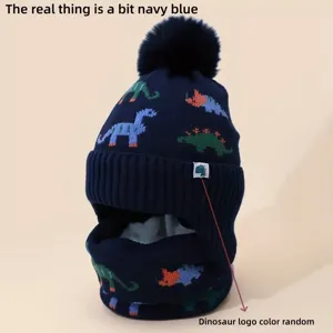 Children knitted dinosaur hat and neck warmer detail view, fleece lined warm winter set.