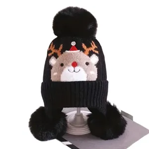 Cute Christmas Reindeer Knitted Hat Winter Warm Pom Pom Earflap Beanie for Kids Wear