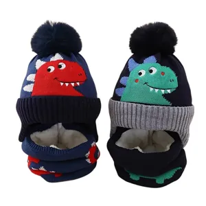 Kids Winter Warm Knitted Hat And Scarf Set Cartoon Dinosaur Jacquard Fleece Lined Thick Beanie Cap For Children