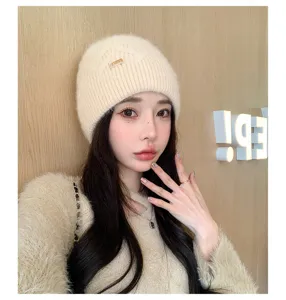 Women winter knitted beanie hat casual warm soft wool cap stylish solid color streetwear headwear