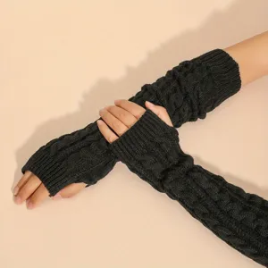 Black cable knit fingerless gloves winter warm arm warmers stylish acrylic sleeves