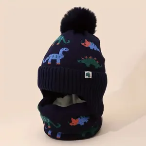 Kids winter knitted hat and neck warmer set with cute dinosaur jacquard patterns and pom-pom.