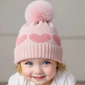 Cute baby winter knit hat with pom-pom and heart pattern warm newborn beanie for infants