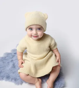 Infant baby knit bear ear hat autumn winter warm elastic cap detail view cute toddler clothing