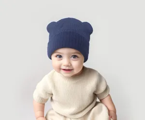 Cute baby knit beanie hat with bear ears, soft winter warm toddler cap for boys and girls.