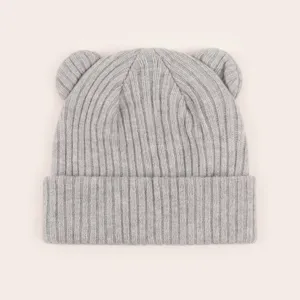Cute infant knit beanie with bear ears in grey. Soft, stretchy winter hat for babies.