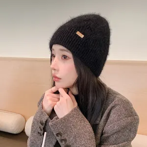 Women Winter Warm Knitted Hat Cute Plush Short Rabbit Hair Beanie Hat Rolled Cuff Casual Outdoor Pullover Hat