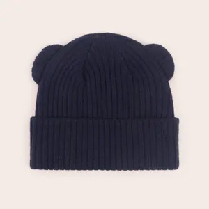 Infant cute bear ear knit beanie hat, dark blue autumn winter warm baby cap for boys girls