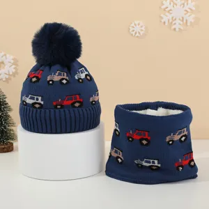 Children winter knit hat and scarf set with cute cartoon car patterns and warm fleece lining.