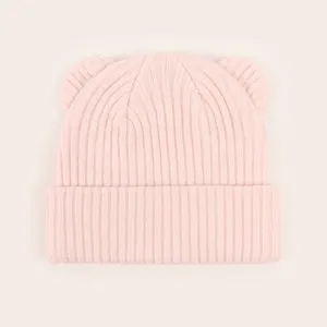 Cute infant bear ears knit beanie, soft warm pink winter baby cap for boys and girls.