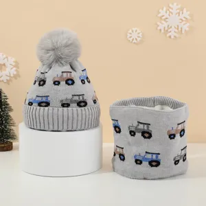 Children knitted hat scarf set grey cute cartoon cars winter warm kids beanie neck warmer