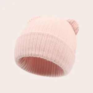 Cute baby bear ear knitted hat for autumn and winter, soft and warm stretchy beanie for infants.