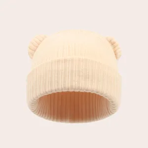 Baby knit beanie with cute bear ears, warm autumn winter infant hat for boys and girls detail.