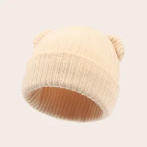 Infant cute bear ear knit beanie detail view, soft warm winter baby cap in solid beige color.