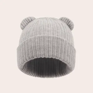 Cute grey baby knit beanie with bear ears, soft high stretch toddler winter warm hat.