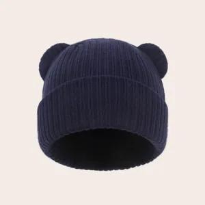 Infant bear knit beanie autumn winter cute hat soft elastic warm baby cap navy blue