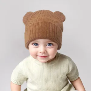 Cute baby knit beanie with bear ears, soft stretch winter hat for infant boys and girls.