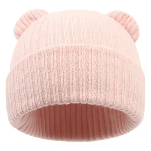 Cute baby knit beanie with bear ears, soft stretch winter hat for infant boys and girls.