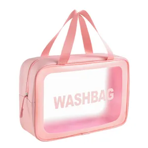 Pink clear PVC wash bag travel makeup organizer waterproof cosmetic bag with sturdy handles