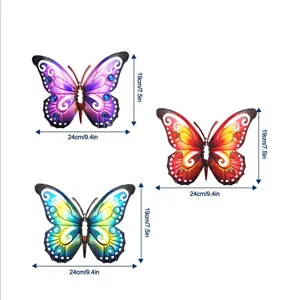 Metal butterfly wall art detail showing dimensions and colorful acrylic decoration options.