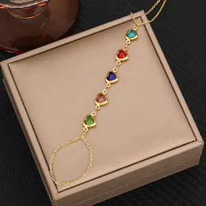 Pulsera de mano dorada con circonitas de corazones multicolor, joya elegante para mujer.
