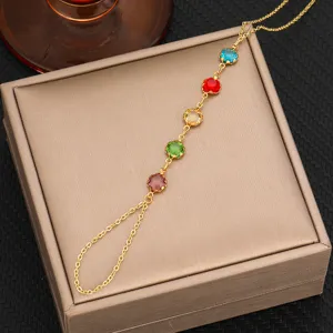Cadena de mano de gema multicolor chapada en oro elegante pulsera de dedo de moda